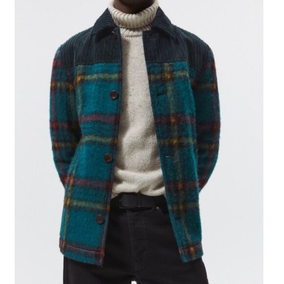 Zara Plaid Coat corduroy fuzzy knit jacket mens Blue (small) outerwear winter